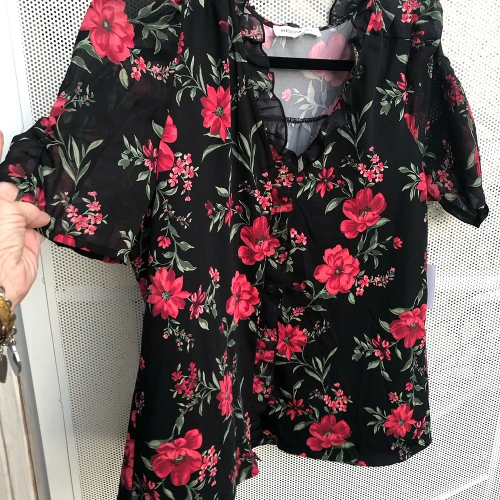 PerSeption Concept Black Blouse with Red Floral Print